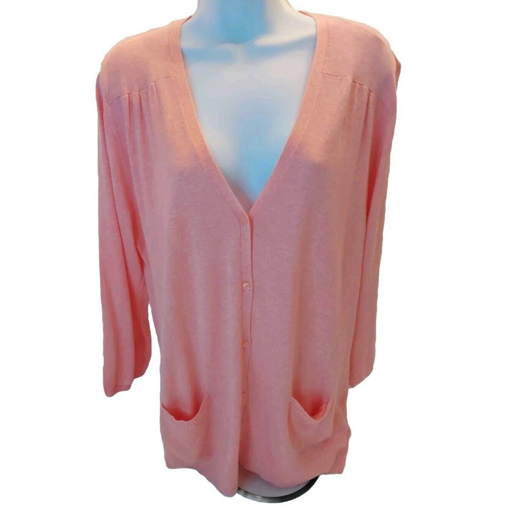 Lands End Pink 3/4 Sleeve Lightweight Cardigan Front Pockets XXL